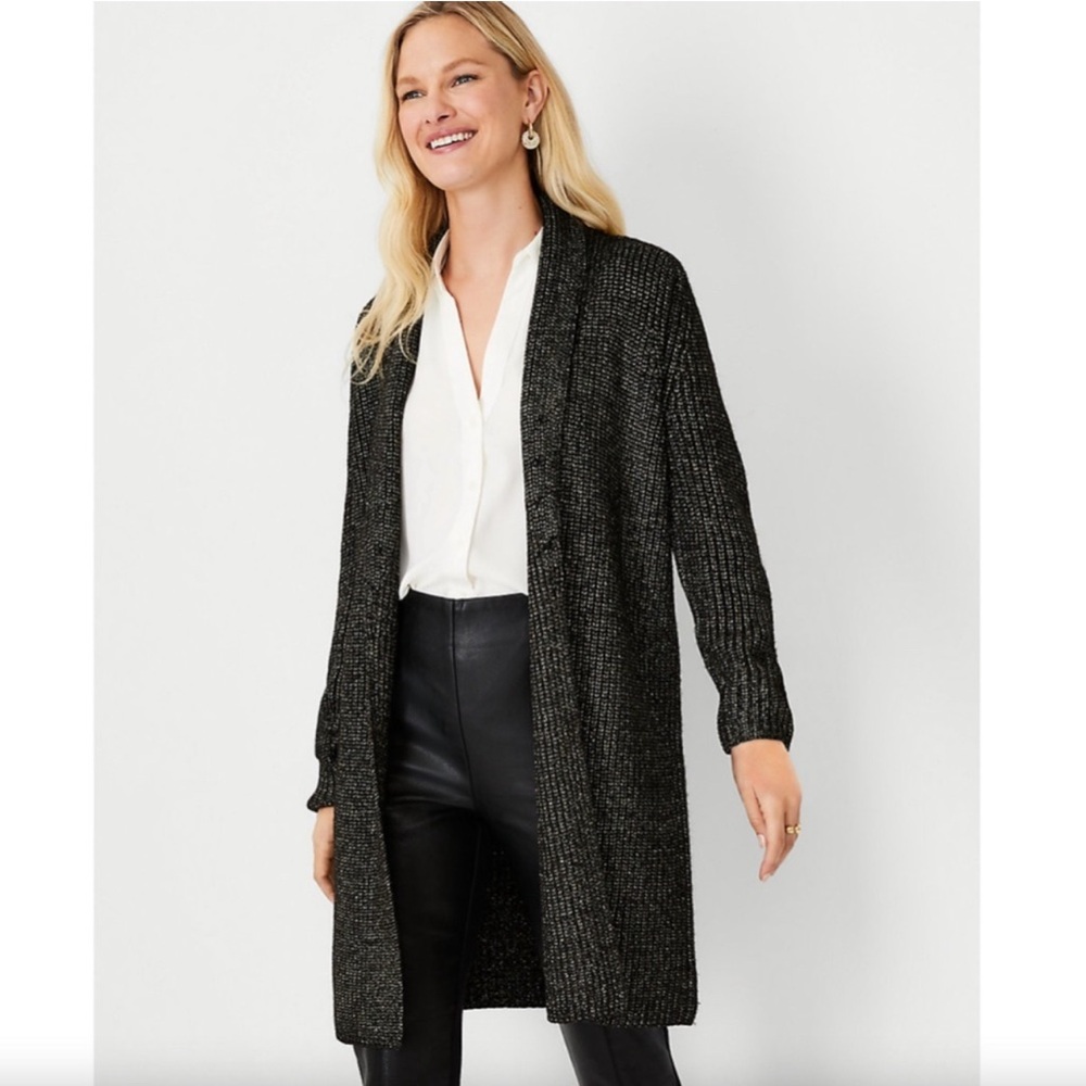 Ann Taylor Sparkle Ribbed Shawl Collar Cardigan‎ Women’s Size XS Black